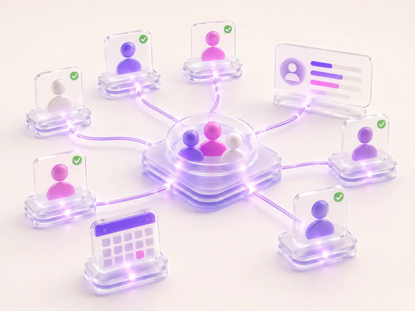 Socieas IT staffing illustration showing vetted talent profiles connected to a central team hub with skill and schedule cards